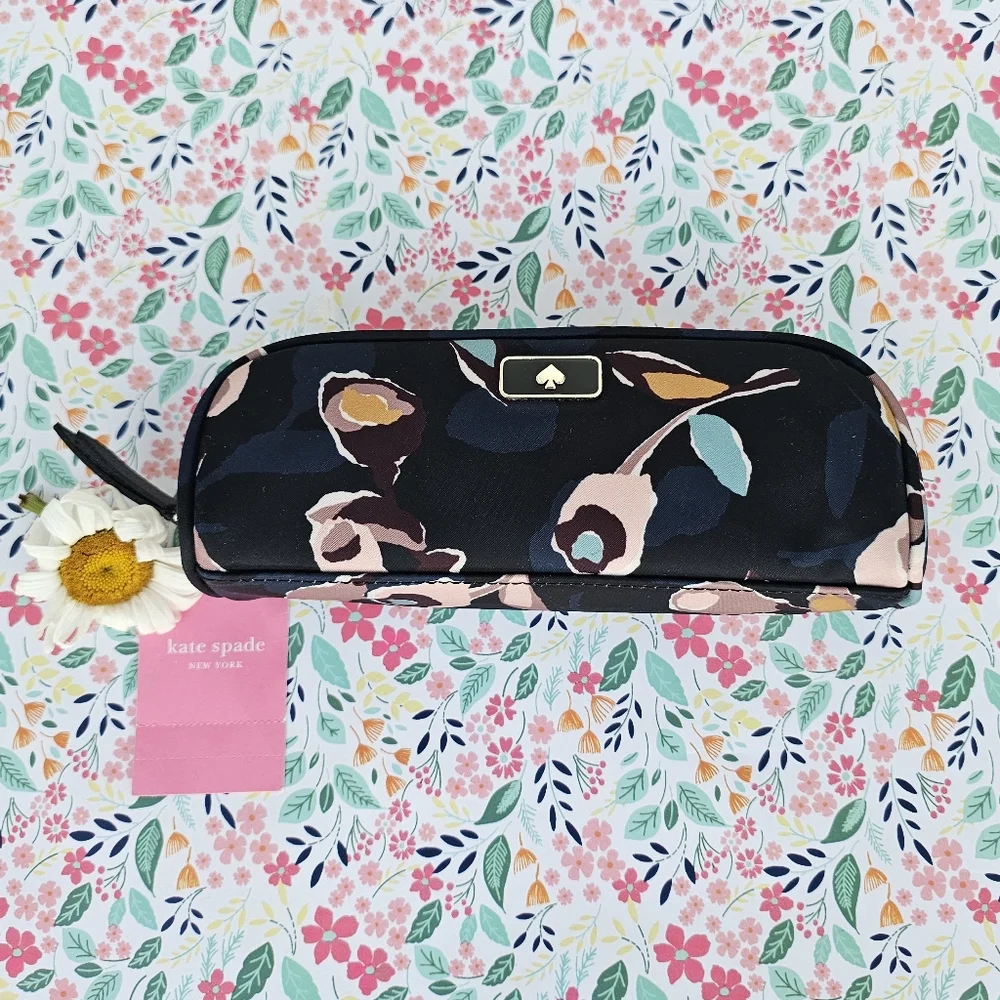 KATE SPADE Dawn Paper Rose Pencil Case- Black Multicolor NWT